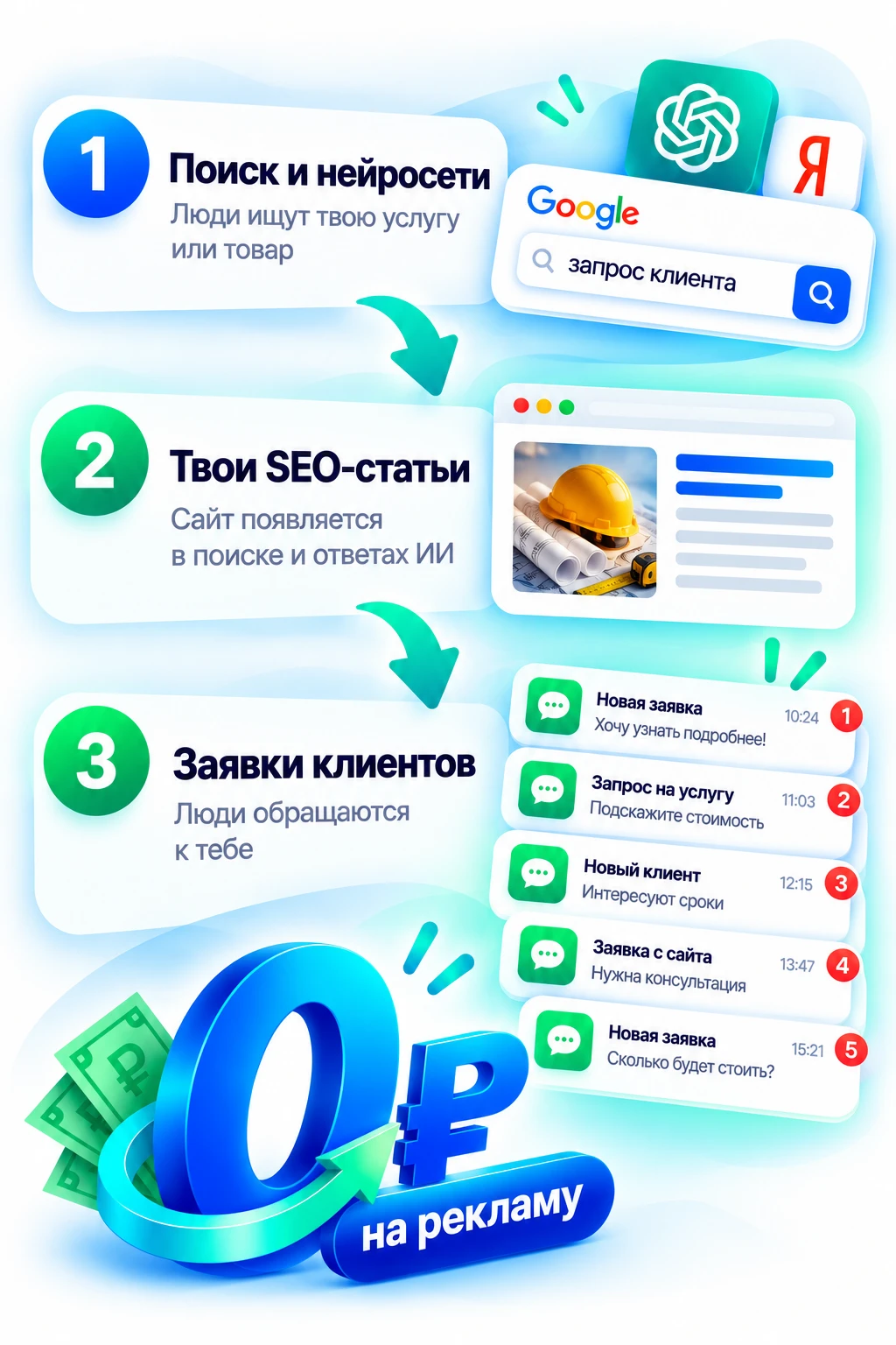 Поисковики и нейросети → твои SEO-статьи → заявка от клиента: 0 ₽ на платную рекламу